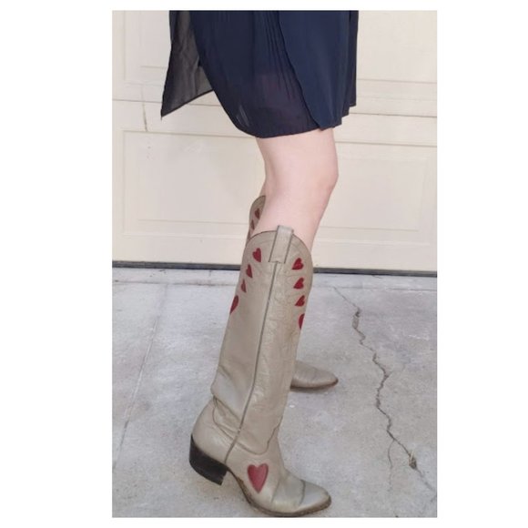 Justin Boots Shoes - Vintage RARE Extra Tall Grey Justin Cowboy Boots with Red Heart Inlays